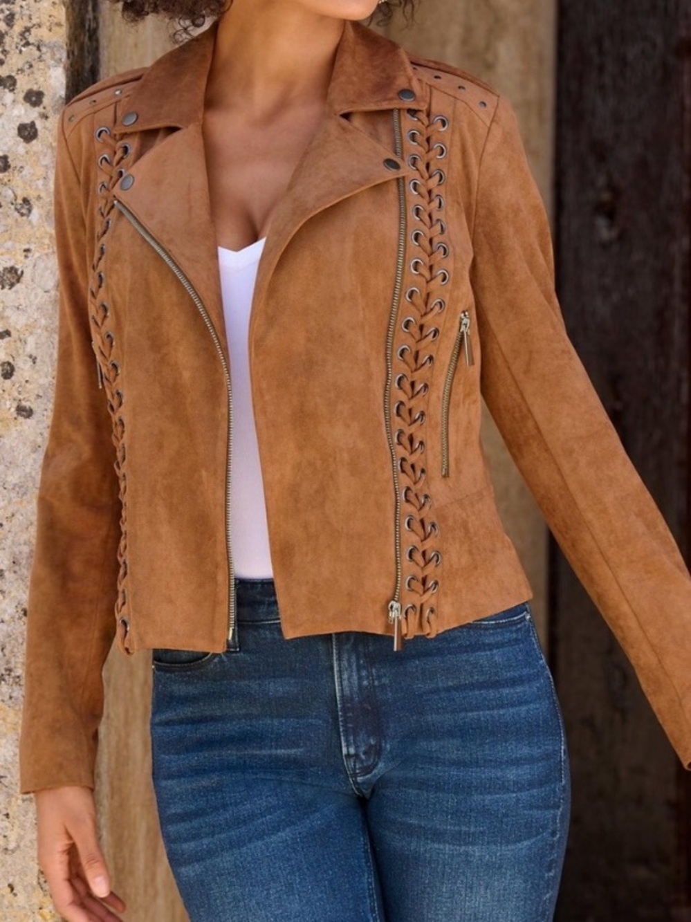 Boston Proper Faux Suede Lace Up Moto Jacket Cognac Tan Asymmetrical Zipper XS